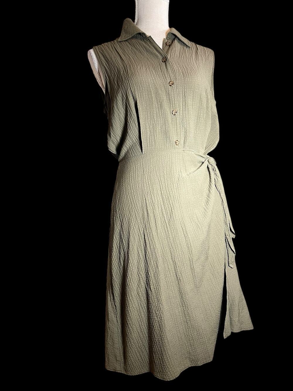 Calvin Klein Olive Green Sleeveless Crinkle Faux Wrap Midi Shirt Dress Size 8